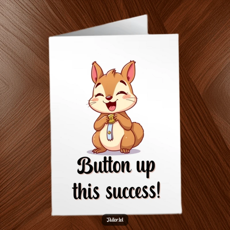 Funny Free Printable Congratulations Card: Energetic squirrel sewing a button onto a small piece of fabric, celebrating success.