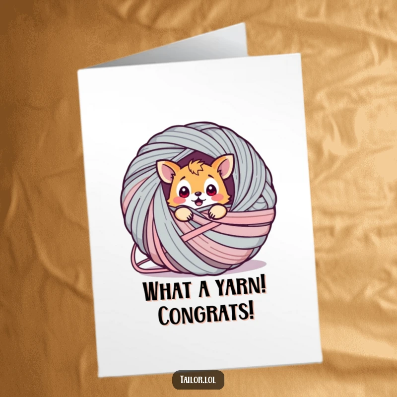 Funny Free Printable congratulations card featuring a surprised animal adorably caught in a massive ball of yarn.
