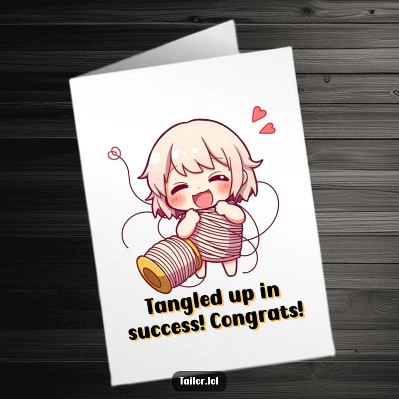 Funny Free Printable Congratulations Card: Character comically tangled in thread, celebrating their achievement with humor.
