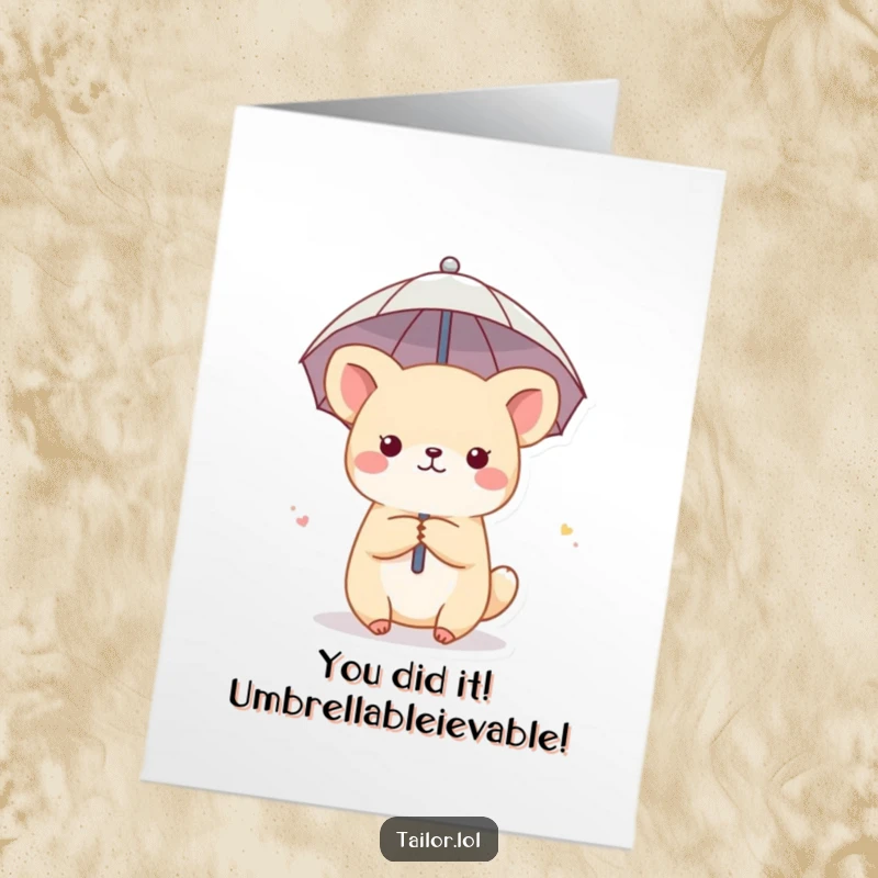 Funny Free Printable Congratulations Card: Cute animal character holding a thimble like an umbrella, celebrating success with a download.
