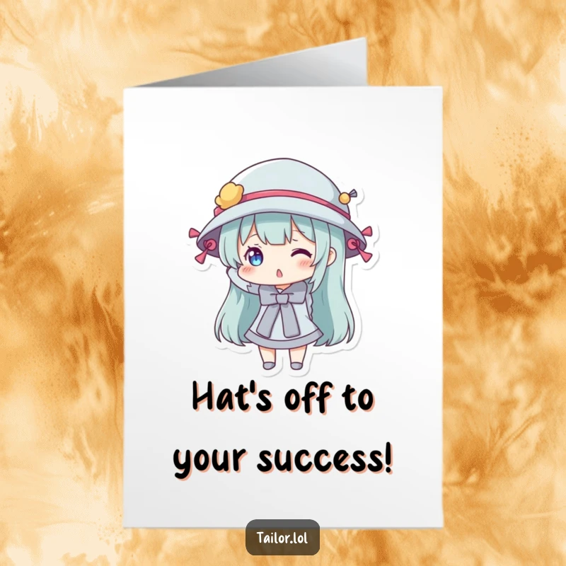 Funny Free Printable Congratulations Card: A character playfully tries on a whimsical hat adorned with many colorful sewing bobbins.