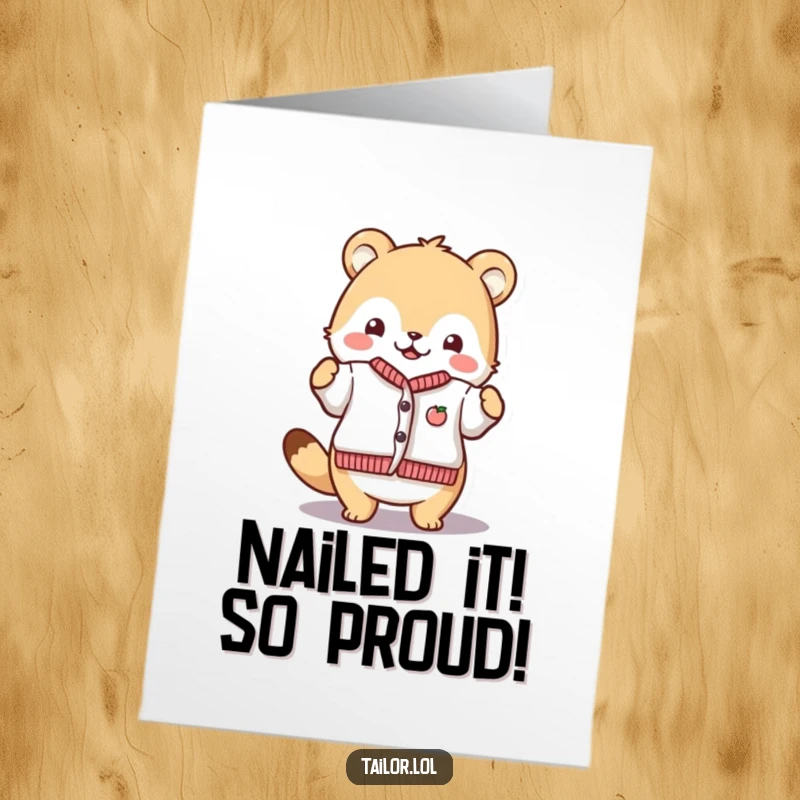 Free Printable Congratulations Card: Cute animal character proudly displaying a finished tiny garment, celebrating a proud moment.