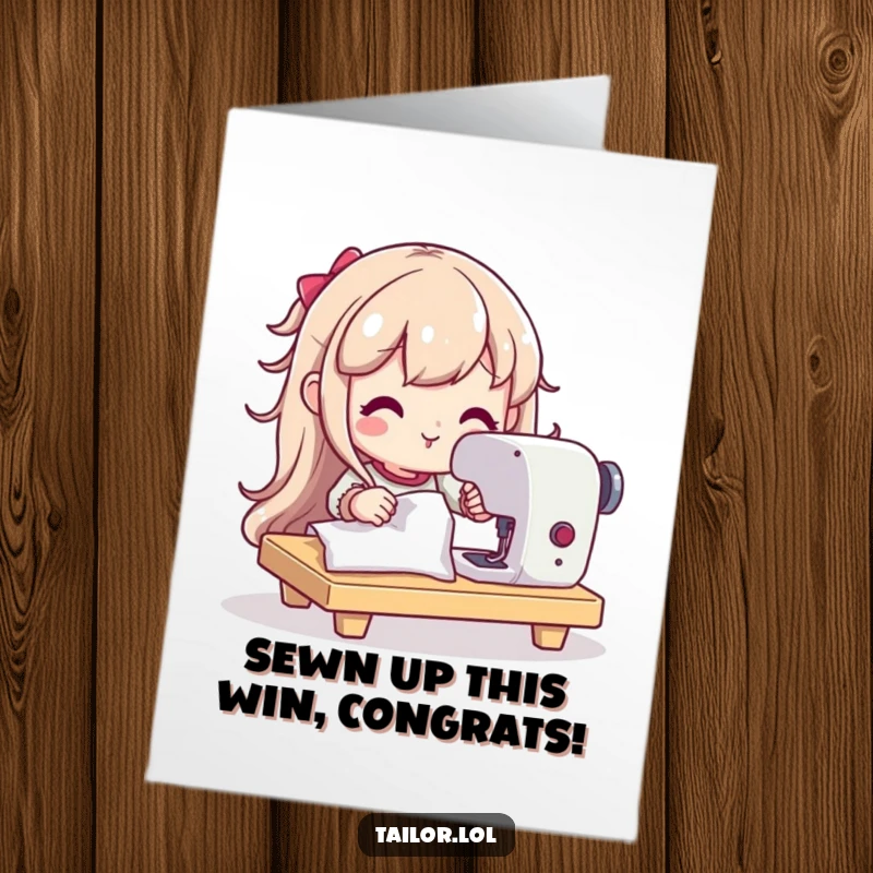 Funny Free Printable Congratulations Card: A character with a happy, determined look uses a sewing machine to create something wonderful.