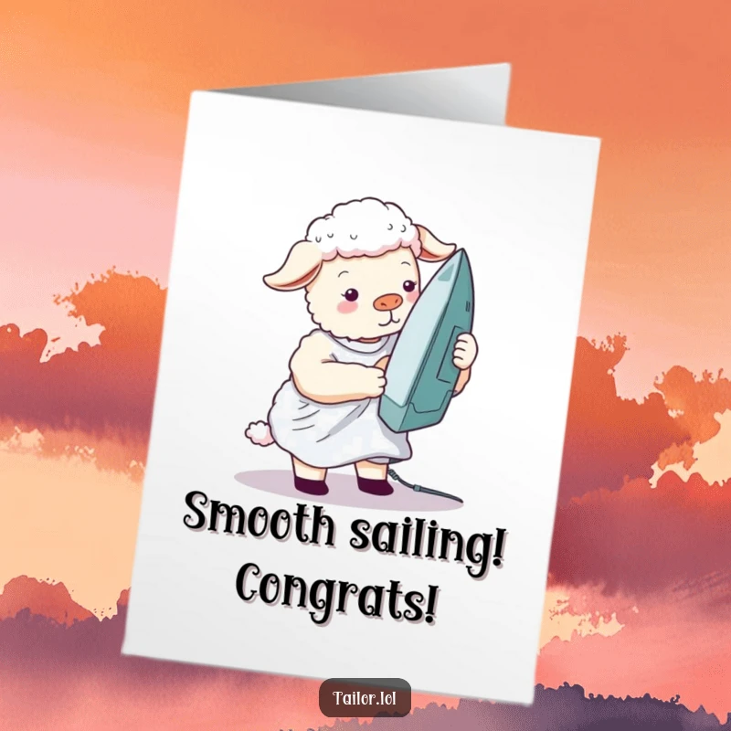 Funny Free Printable Congratulations Card: A silly sheep using a giant iron to smooth out a wrinkled shirt, celebrating success.