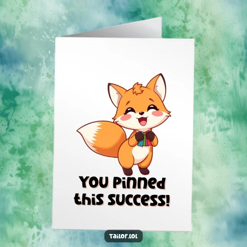 Funny Free Printable Congratulations Card: Excited fox happily pinning a colorful swatch to its tail, celebrating success.
