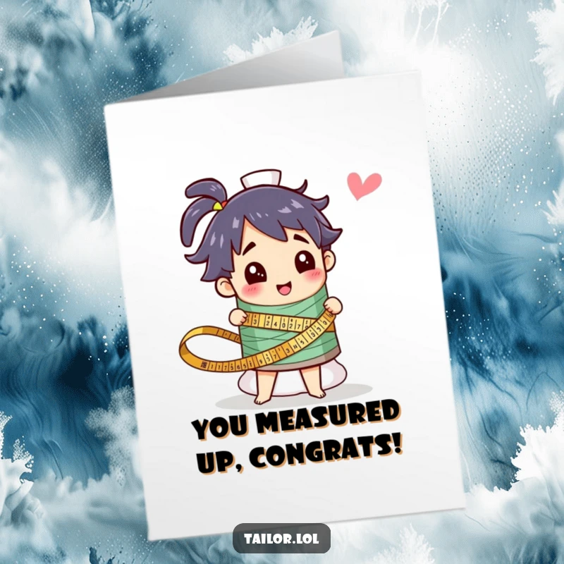 Funny Free Printable Congratulations Card: Character cheering while measuring a giant thread spool, celebrating craft success.