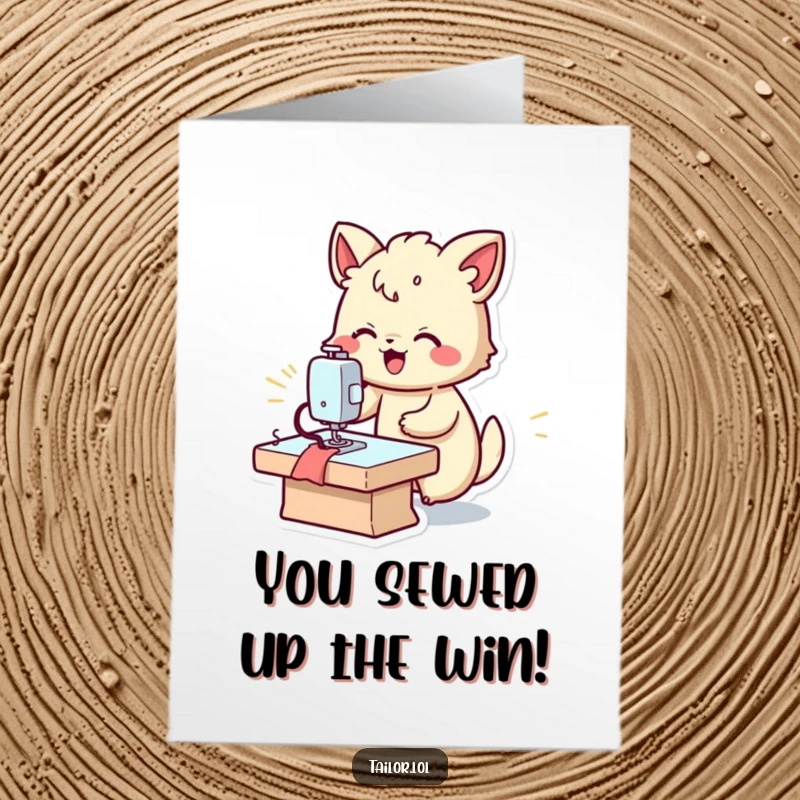Funny Free Printable congratulations card of a joyful animal using a sewing machine at super-speed, celebrating a rapid success.