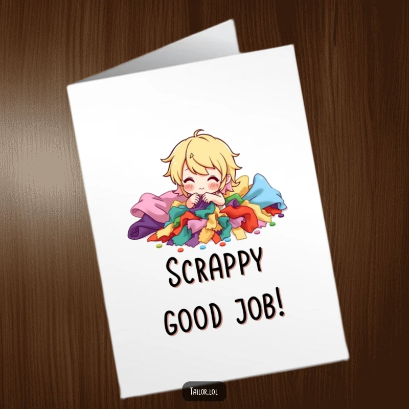 Funny Free Printable Congratulations Card: Character sorting vibrant fabric scraps, celebrating sewing achievement.
