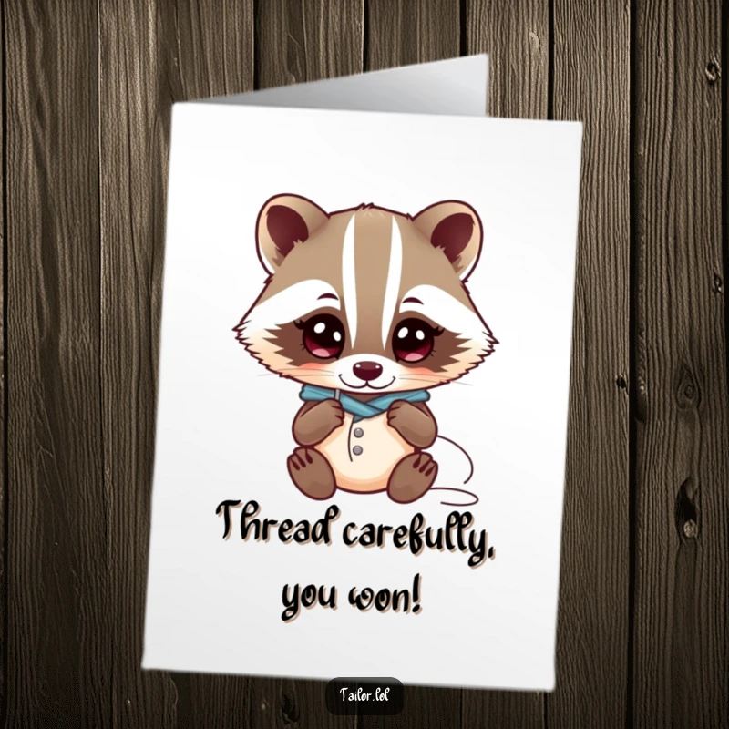 Funny Free Printable Congratulations Card: Curious Kawaii badger tailor keenly inspects a needle and thread with wide eyes.
