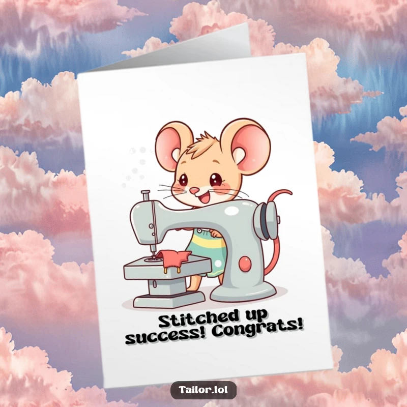 Funny free printable Kawaii mouse tailor sewing a banner that says Congratulations on a huge sewing machine.