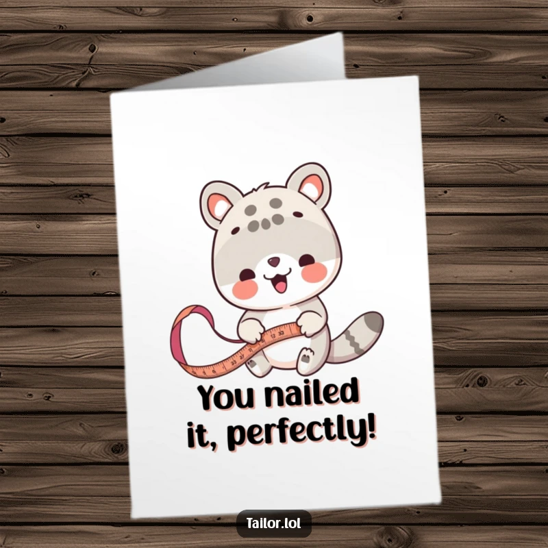 Funny Free Printable congratulations card featuring a cute animal meticulously measuring fabric with a giant tape measure, celebrating achievements.