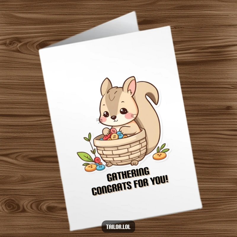 Funny Free Printable Squirrel Congratulations Card: A squirrel character happily collects buttons in a basket.