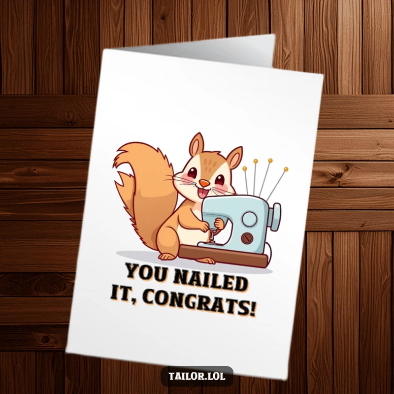Funny free printable congratulations card: A squirrel energetically uses a sewing machine with oversized needles, celebrating success.