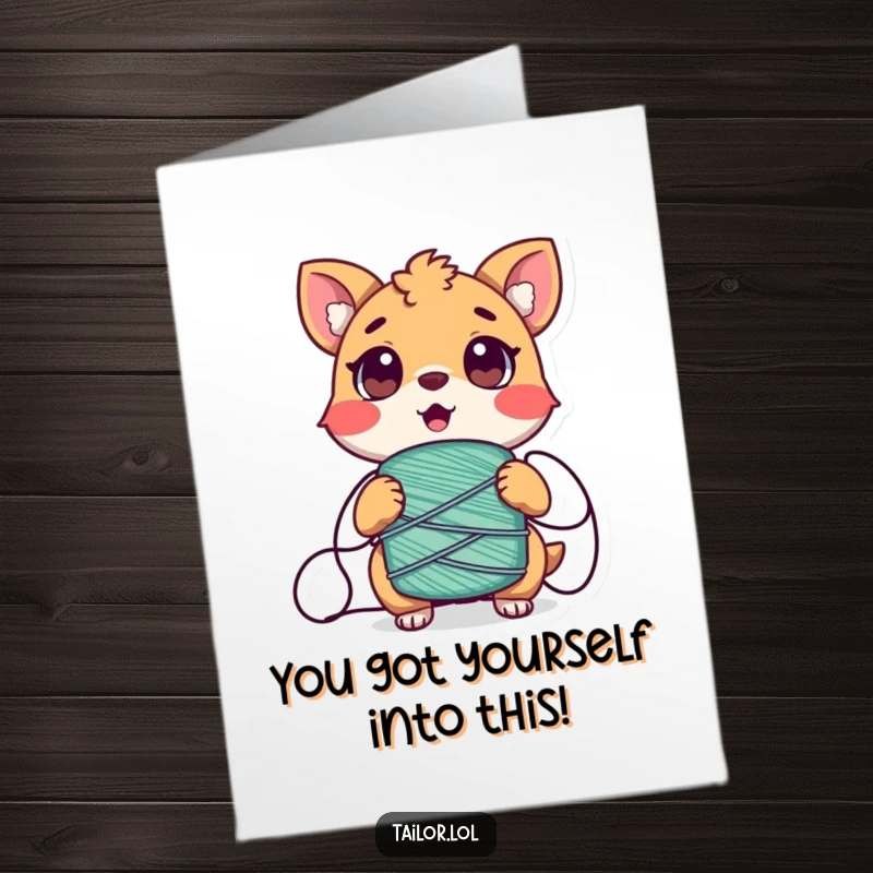 Funny Free Printable Congratulations Card: An animal character comically caught in thread, expressing surprise at their success.