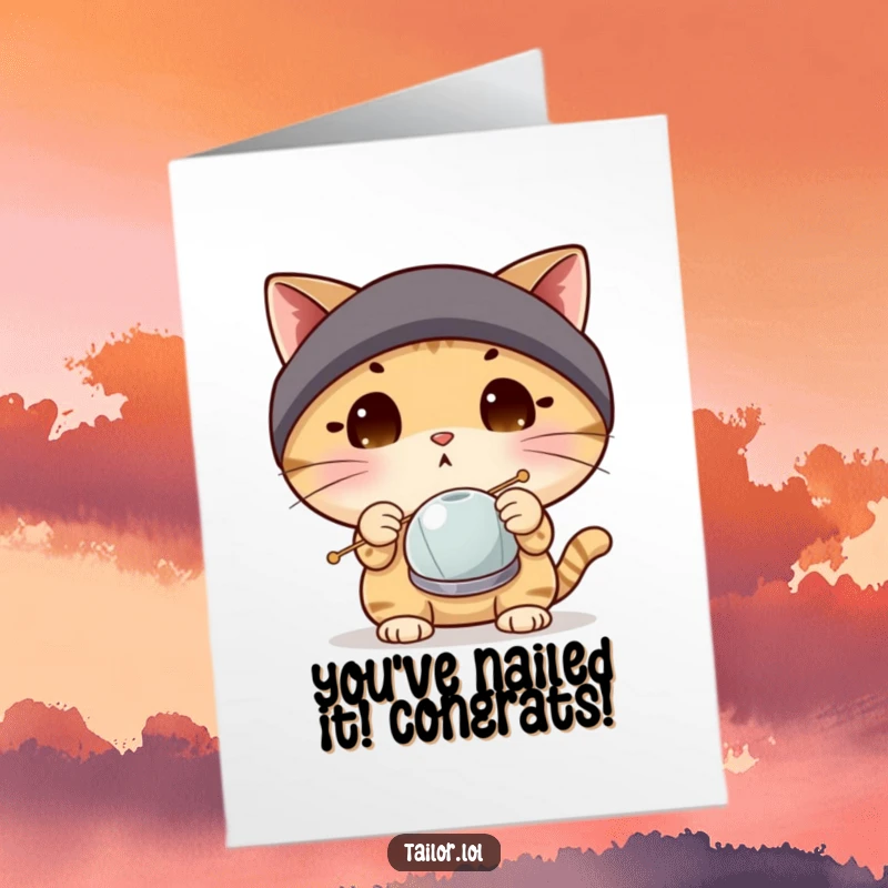 Funny free printable congratulations card showing a surprised cat in a thimble looking at a huge needle, celebrating success.