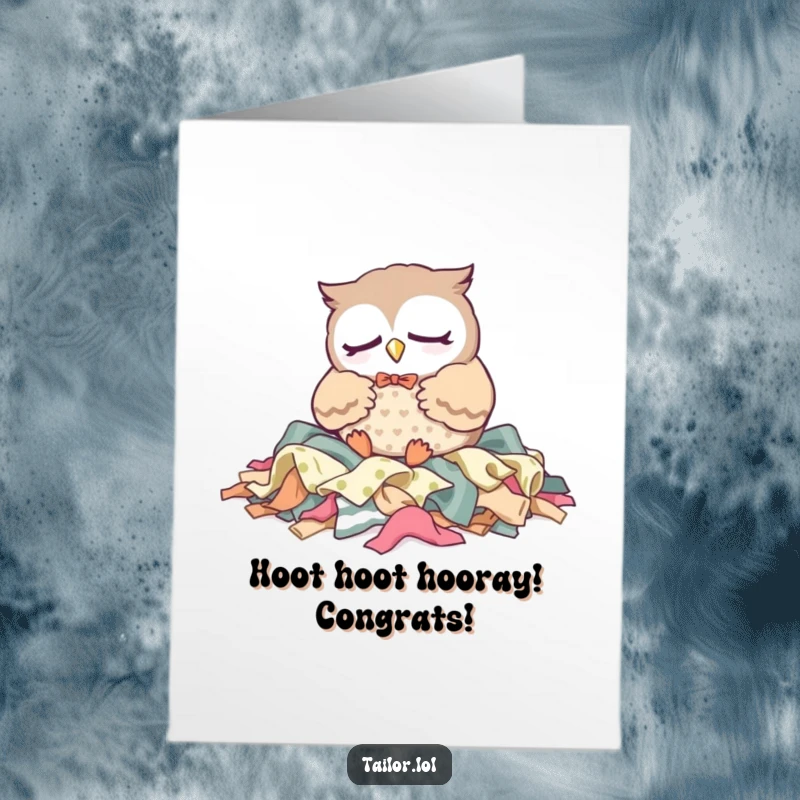 Funny Free Printable Congratulations Card: Sleepy Kawaii owl tailor character rests on fabric scraps, celebrating achievements with calm humor.