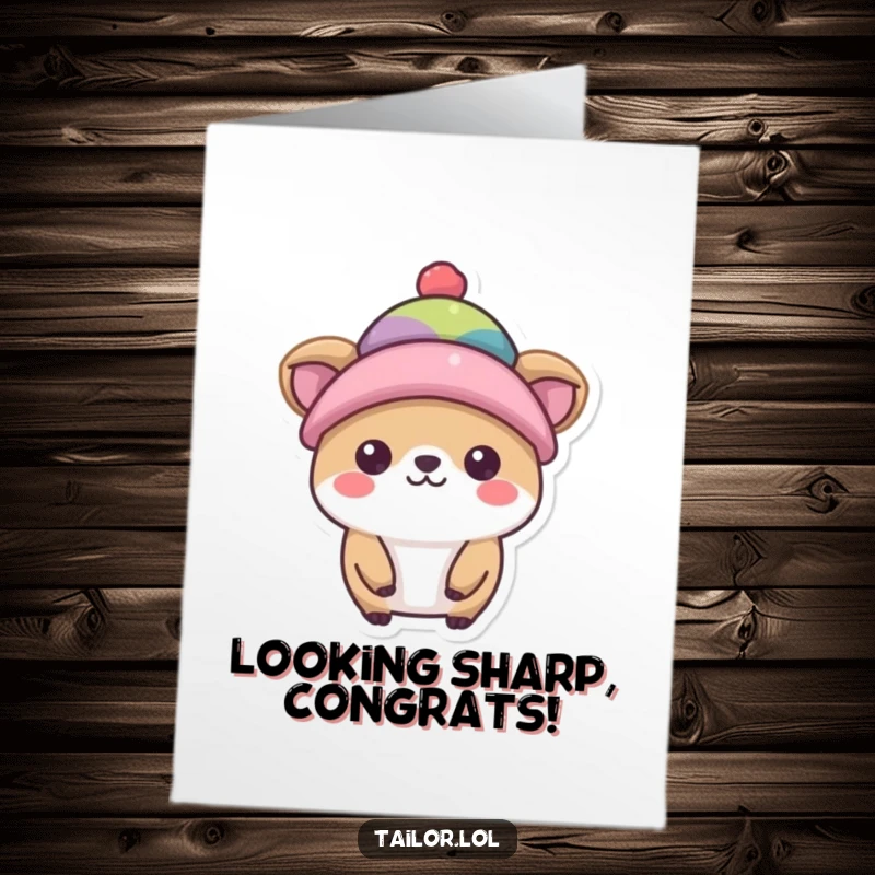 Funny Free Printable congratulations card of a happy animal modeling a tiny, colorful hat, celebrating achievements with fashionable flair.