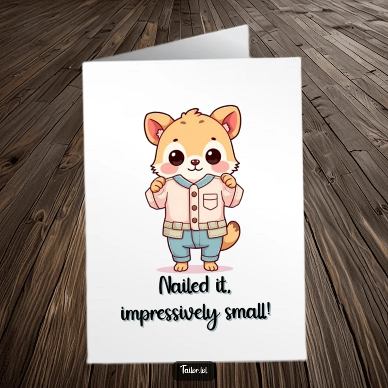 Funny Free Printable Congrats Card: Proud animal showcasing a miniature perfectly sewn item, celebrating success.