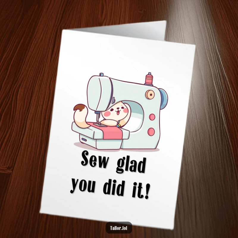 Funny Free Printable Congratulations Card: Cute animal character struggling to push a large sewing machine, celebrating effort and achievement.