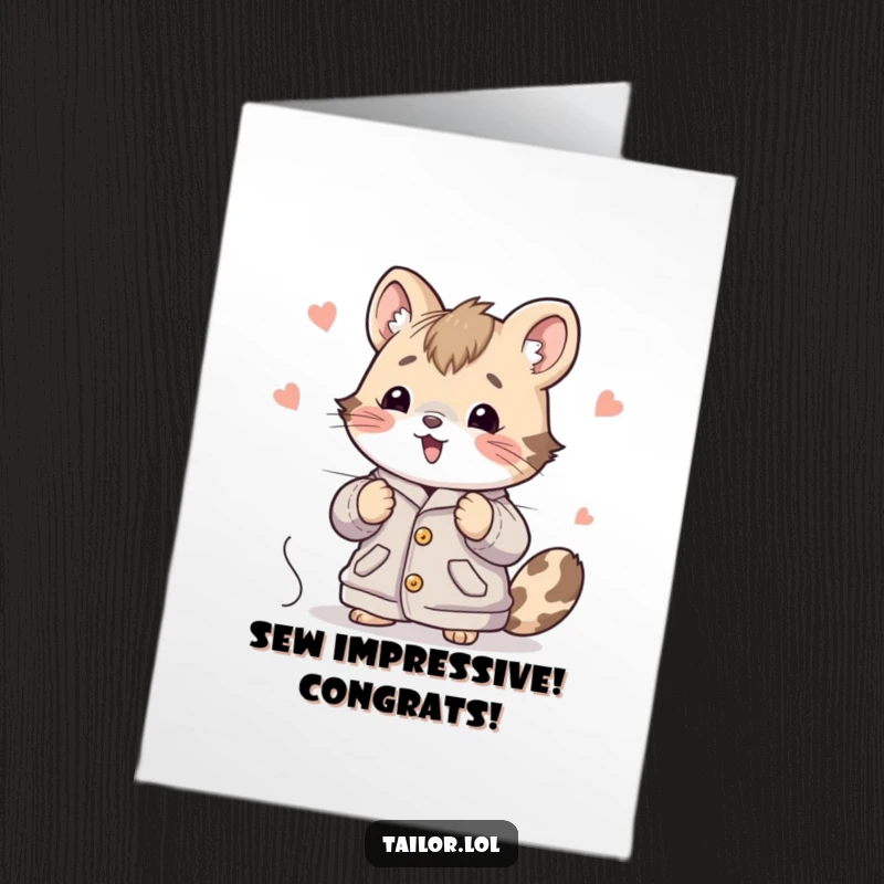 Funny Free Printable Congratulations Card: Cute animal character intensely stitches a large, impressive garment with focused excitement.