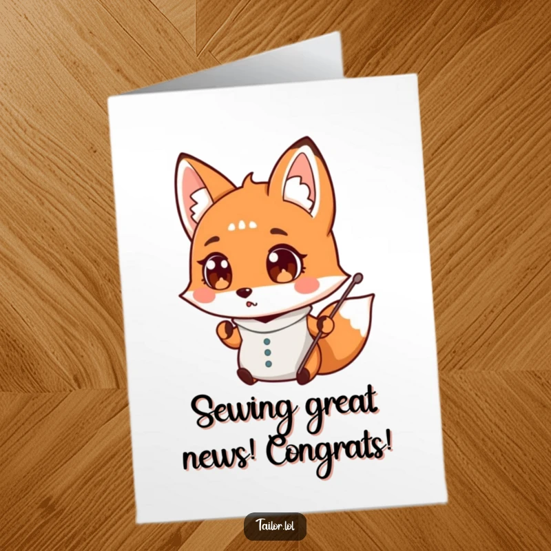Funny Free Printable Congratulations Card: a surprised fox tailor dropping a needle, celebrating success with humor.