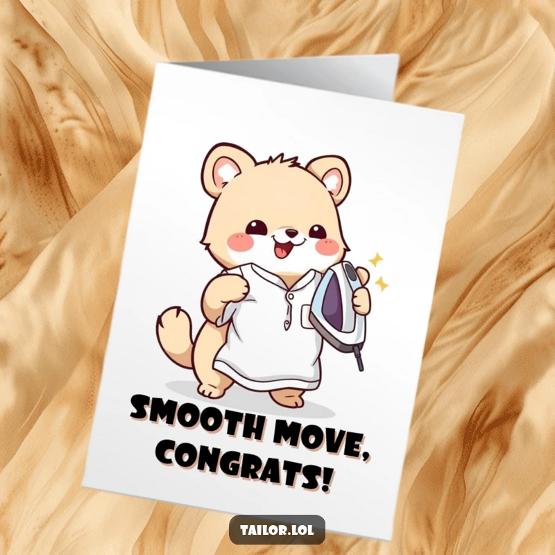 Funny Free Printable Congratulations Card: A cute animal character happily irons out wrinkles from a shirt, celebrating smooth success.