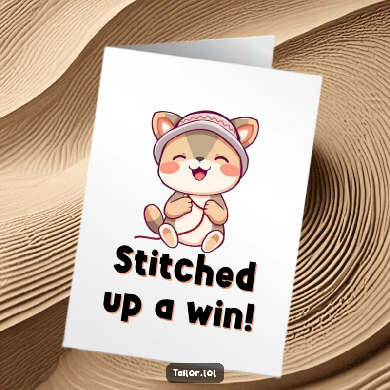 Funny Free Printable congratulations card showing a joyful animal with a thimble hat, happily engaged in stitching.