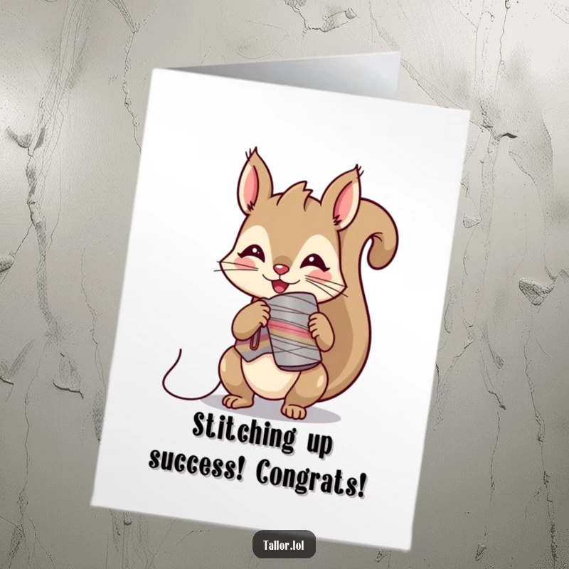 Funny Free Printable Congratulations Card: Mischievous Kawaii squirrel tailor character cunningly steals a spool of thread, celebrating success slyly.