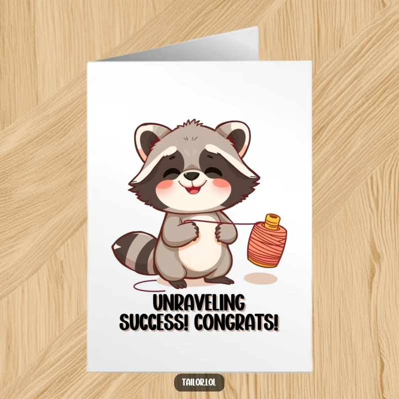 Funny Free Printable Congratulations Card: A giggling raccoon playfully pulling a spool of thread, celebrating a successful venture.