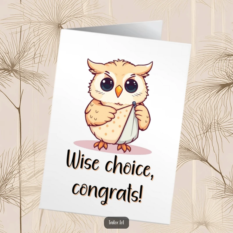 Funny free printable congratulations card: A curious owl carefully pinning a pattern onto fabric, acknowledging a milestone.