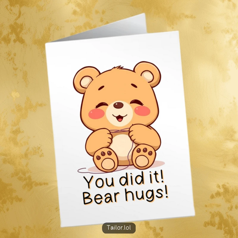 Funny free printable congratulations card: a bear with massive paws laughs while trying to thread a needle.