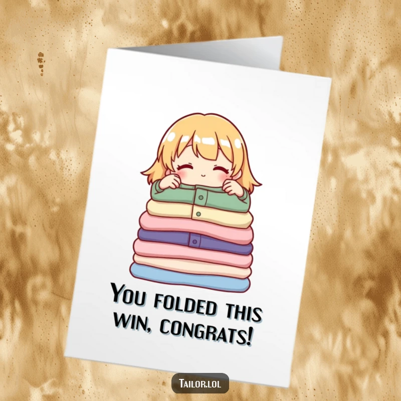 Funny Free Printable Congratulations Card: A character beams with pride while meticulously adjusting a perfectly folded stack of clothes.