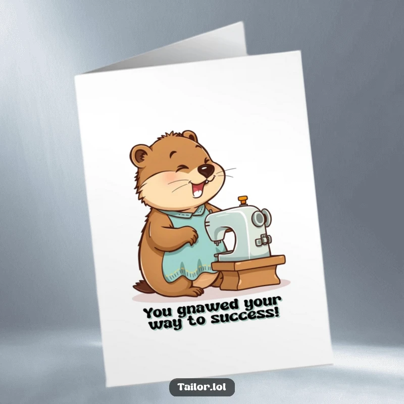 Funny Free Printable Congratulations Card with a busy beaver tailor sewing enthusiastically, celebrating a great achievement.