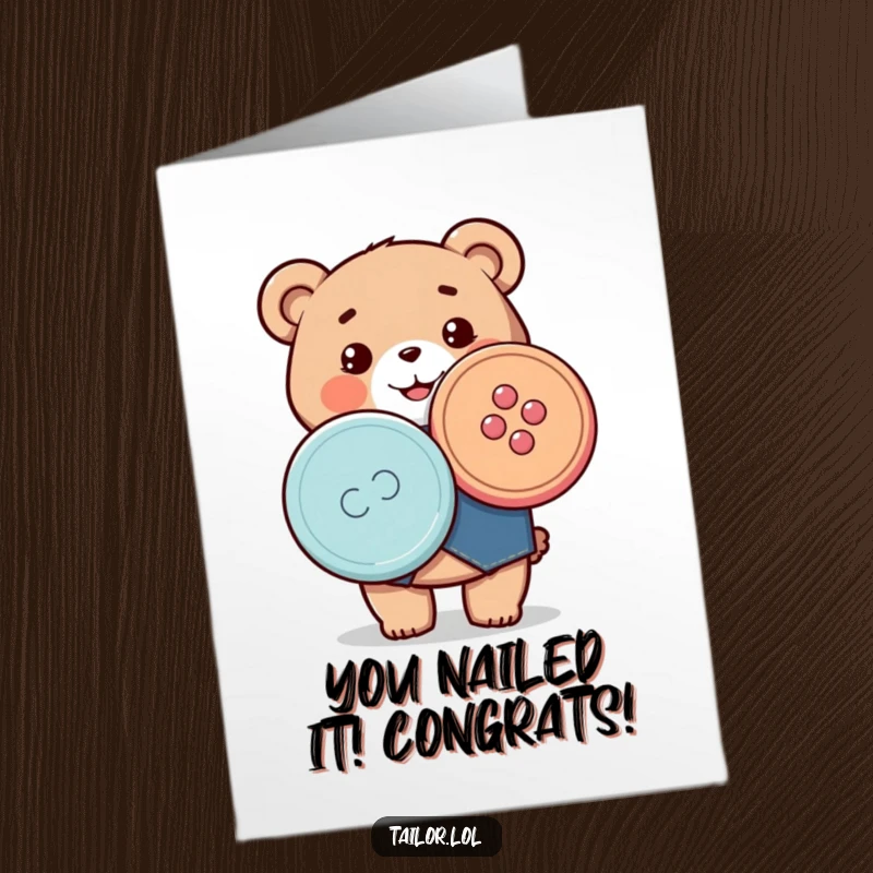 Funny Free Printable Congrats Card: a happy Kawaii bear tailor holding a giant colorful button, celebrating a great success.