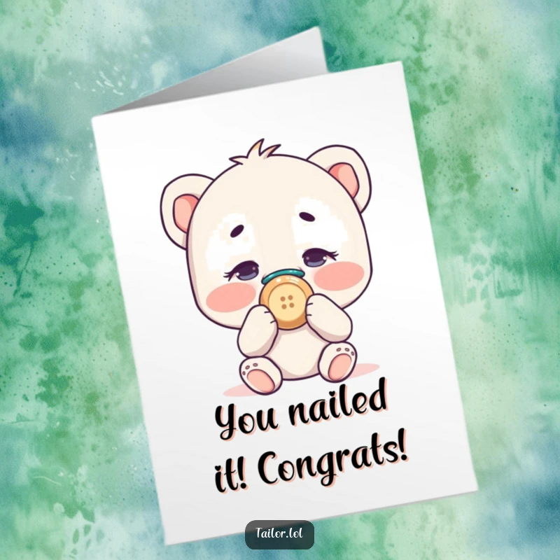 Funny Free Printable Congratulations Card: Character comically sewing a button onto their nose, celebrating their win.