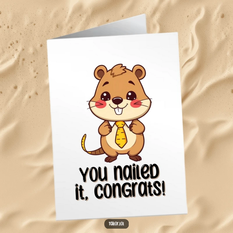Funny free printable Kawaii beaver tailor proudly wearing a measuring tape tie, ready to congratulate a big project.