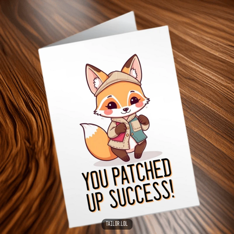 Funny Free Printable Congratulations Card: Playful Kawaii fox tailor diligently sewing a wonderfully quirky, mismatched patch.