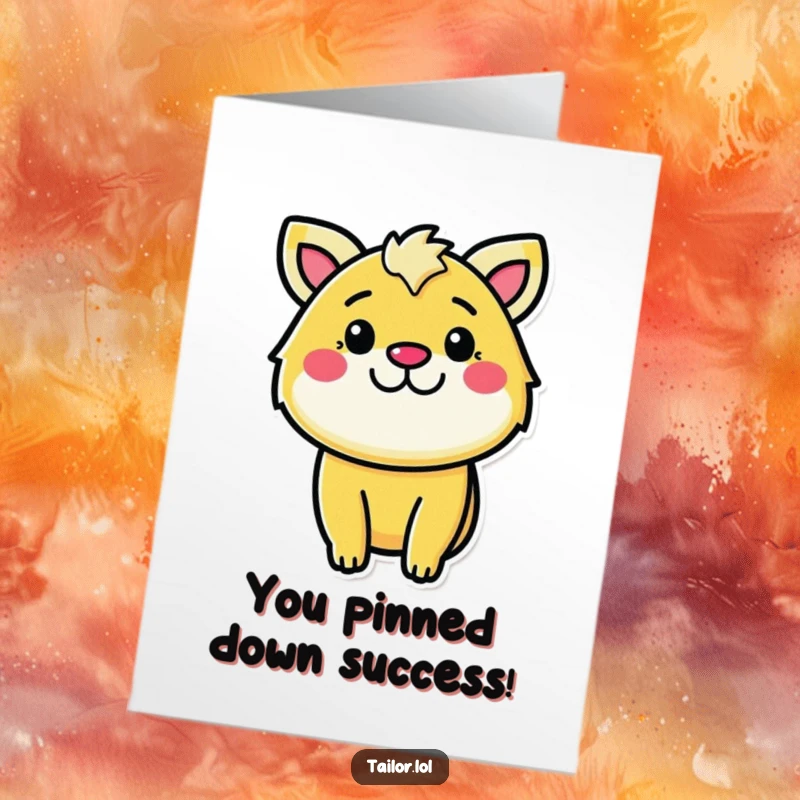Funny Free Printable congratulations card of a determined animal cheerfully pinning fabric, celebrating success with focused precision.