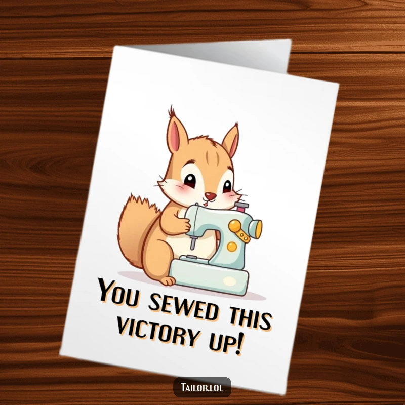 Funny Free Printable Congratulations Card: Curious squirrel enthusiastically operating a tiny sewing machine, celebrating a win.