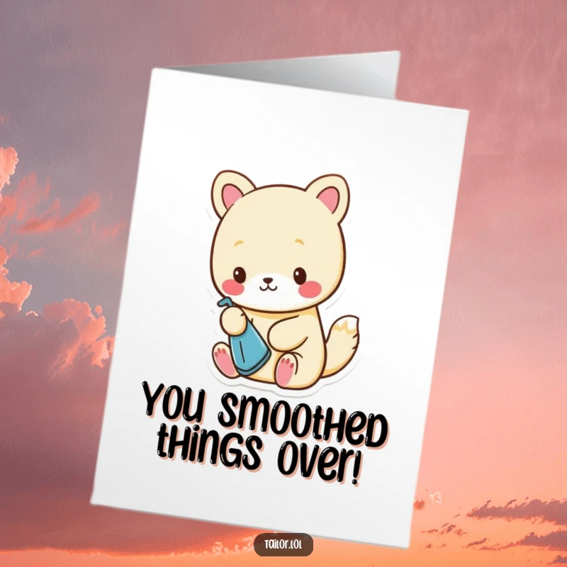 Funny Free Printable Congratulations Card: Cute animal character diligently ironing a minuscule piece of cloth, celebrating a small victory.