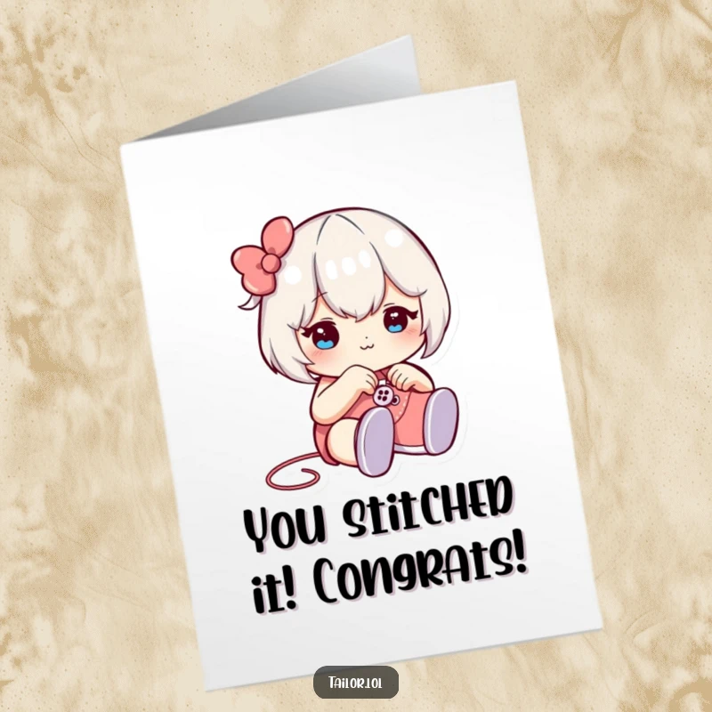 Funny Free Printable Congrats Card: Winking character expertly sewing a button onto a miniature shoe, celebrating a fix.