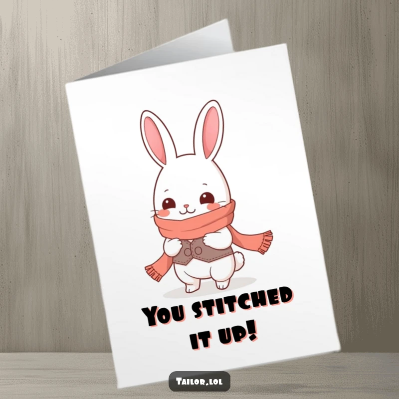 Funny Free Printable Congratulations Card: Giggling Kawaii rabbit tailor measuring a super long scarf, celebrating with mirth.