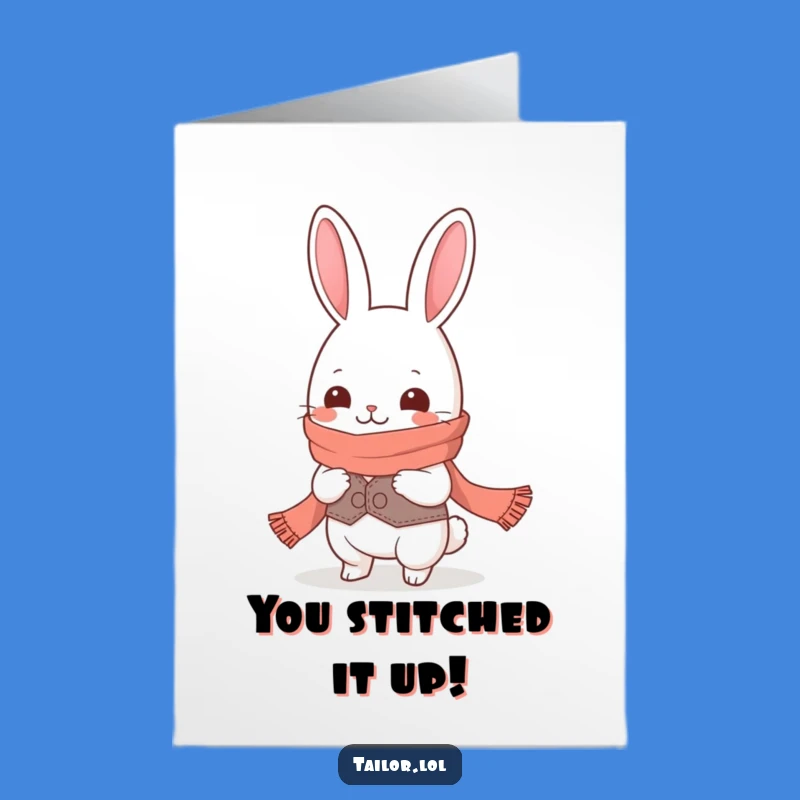 Free Printable Kawaii Rabbit Tailor Congrats Card - Giggling & Long Scarf Funny Downloadable Gift