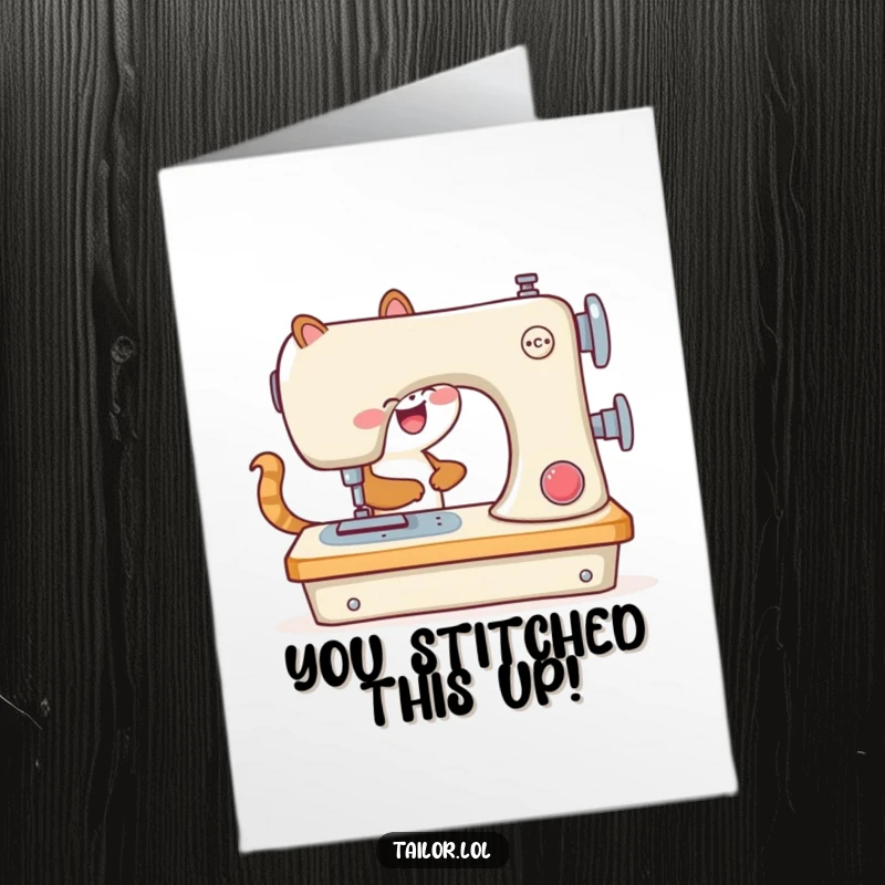 Funny Free Printable Congrats Card: Cheerful animal with a giant sewing machine, celebrating a sew-perb accomplishment.