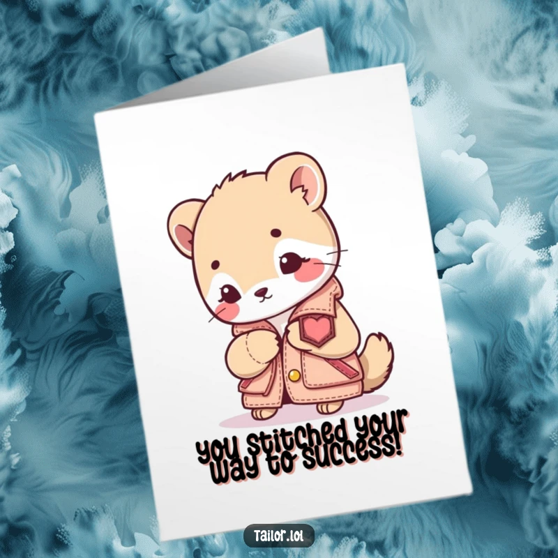 Free Printable Congratulations Card: Cute animal character focused on sewing a patch onto a tiny jacket, celebrating a success.