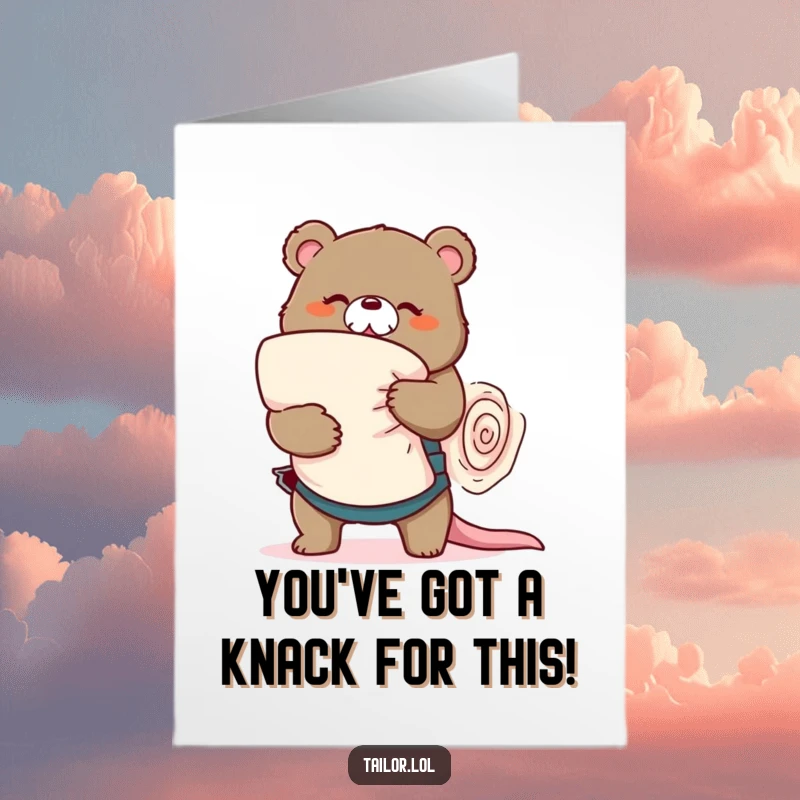 Funny Free Printable Congratulations Card: a bear tailor hilariously tangled with a large fabric roll, celebrating success.