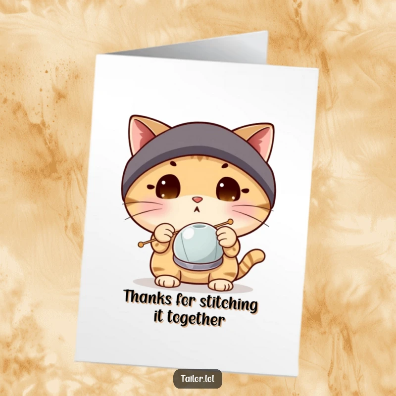 Funny free printable thank you card featuring a shocked cat in a thimble assessing a comically large sewing needle.