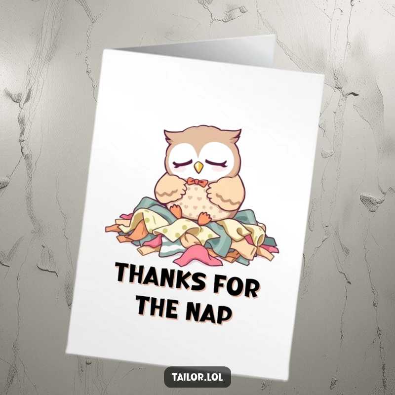 Funny Free Printable Thank You Card: Sleepy Kawaii owl tailor character is nestled on fabric scraps, conveying thanks peacefully.