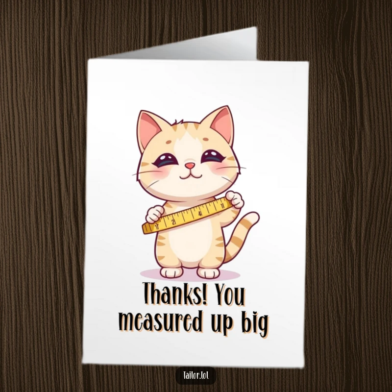 Funny Free Printable Cute Cat Card, happily measuring fabric to express heartfelt thanks.
