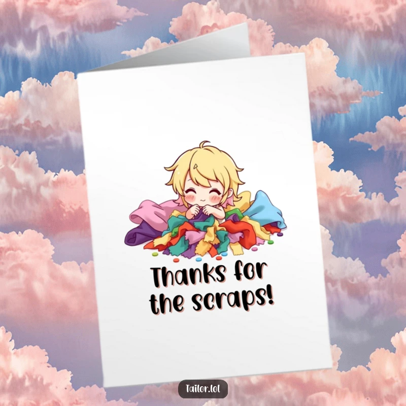 Funny Free Printable Thank You Card: Character sorting vibrant fabric scraps, expressing sewing gratitude.
